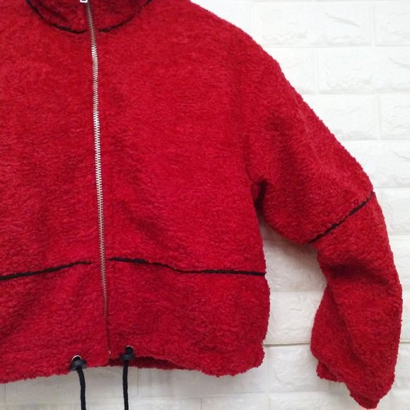 Y2K Cropped Bomber Jacket Pockets Faux-Fur Red - Picture 6 of 13